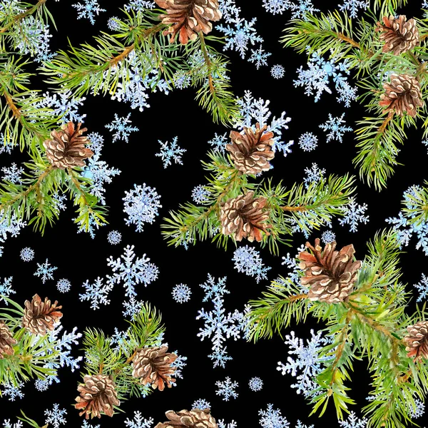 Fir christmas tree twigs, snow. Seamless winter pattern. Watercolor on black background — Stock Photo, Image