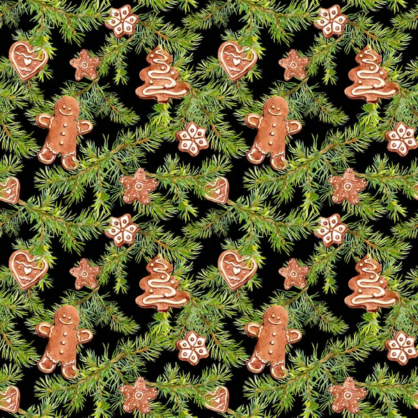 Ginger bread man, cookies, pine twigs. Repeating background for christmas design. Watercolor — Stock Photo, Image