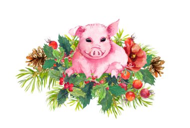 Noel buket - şirin domuz, kış çiçekleri, Noel ağaç dalları, ökse otu. Suluboya