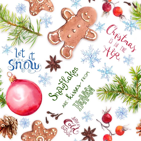 Christmas tree branches, gingerbread cookies, baubles, snowflakes and winter quotes about snow and Christmas. Seamless pattern, watercolor — Stock Photo, Image