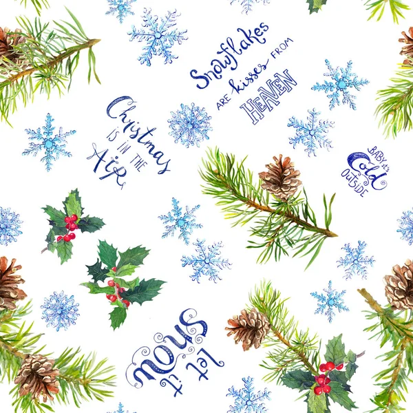Gałęzi choinki, Jemioła, płatki śniegu, zimowe Cytaty o śniegu i Boże Narodzenie. Wzór na papier, akwarela — Zdjęcie stockowe