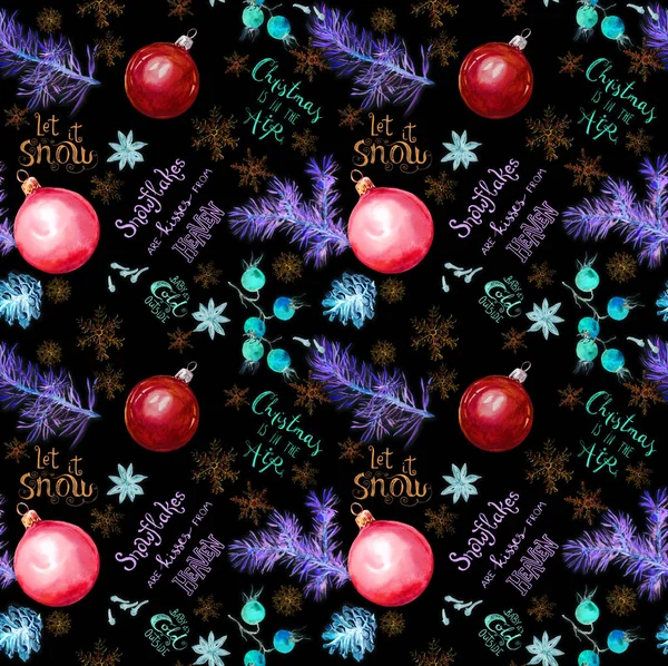 Neon glowing spruce tree branches, baubles, snowflakes and quotes about snow and Christmas. Seamless pattern on black background in night lighting, watercolor — Stock Photo, Image