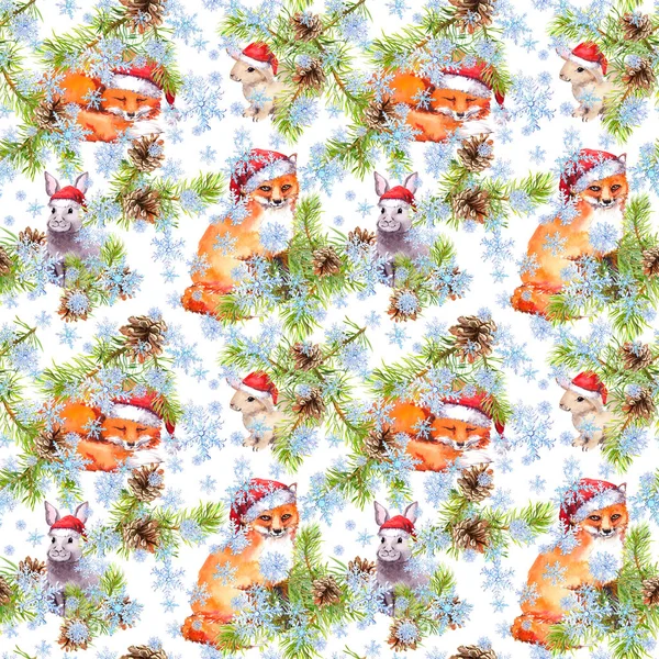 Foxes, rabbits animals in red santa hats in snow. Spruce christmas tree branches, cones. Seamless pattern for Christmas, New Year. Winter forest watercolor — Stock Photo, Image