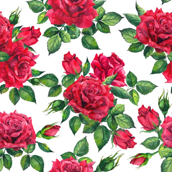 Romantic bloom - red roses flowers. Seamless floral background. Watercolor — Stock Photo, Image