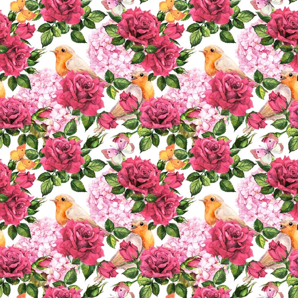 Tajná zahrada - hortenzie, Růže červené květiny, ptáky. Bezproblémové květinové pozadí. Akvarel — Stock fotografie