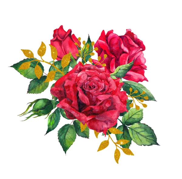 Rose rosse, foglie d'oro. Pittura a mano acquerello — Foto Stock