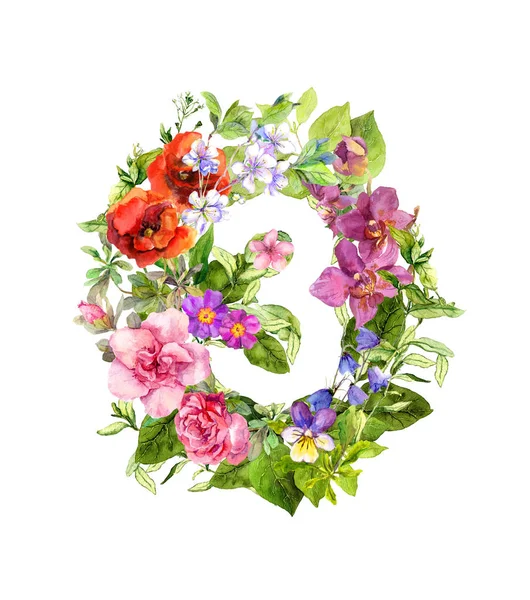 El número floral 3 - tres de las flores. Ilustración en acuarela — Foto de Stock