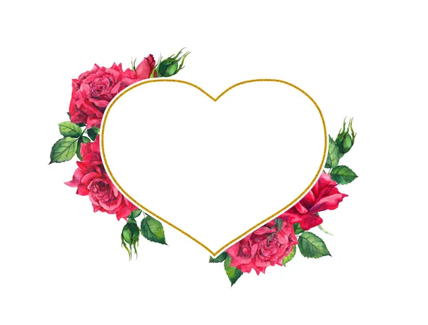 Rosas vermelhas com moldura dourada em forma de coração. Cartão aquarela — Fotografia de Stock