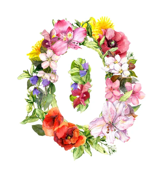 Floral αριθμός - 0 μηδέν από αγριολούλουδων, χόρτο. Ακουαρέλα — Φωτογραφία Αρχείου