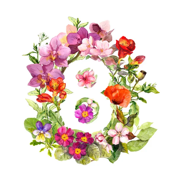 Floral αριθμό - 8 οκτώ από τα λουλούδια. Ακουαρέλα χαιρετισμό — Φωτογραφία Αρχείου