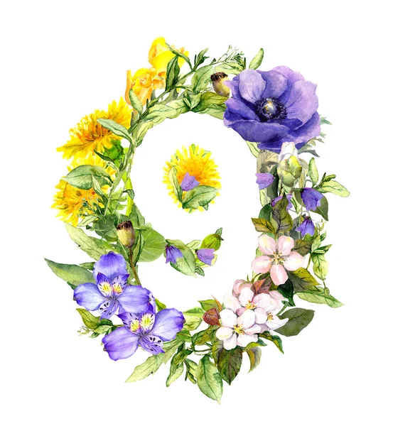Kwiatowy numer 9-dziewięć z letnich, wiosennych kwiatów i traw. Akwarela — Zdjęcie stockowe