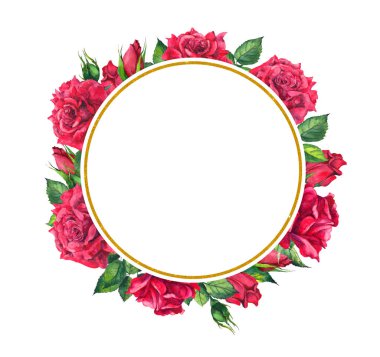 Kırmızı gül, altın çelengi. Suluboya kağıdı ile çiçek ve daire kenarlık