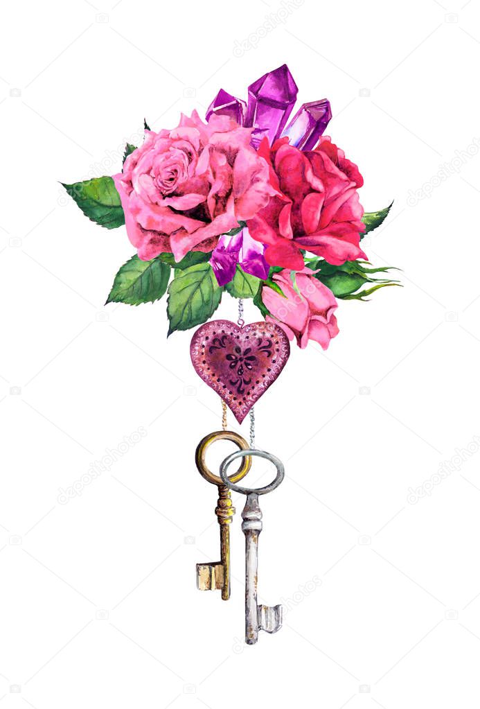 Red, pink roses with heart, two keys, feathers, crystal gemstone. Romantic watercolor bouquet for Valentine day, wedding