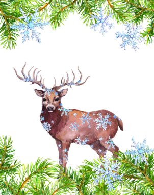 Çam ağacı dalları çerçeve, kar pul geyik hayvan. Noel kartı. Suluboya