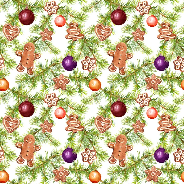 Christmas baubles, ginger bread, conifer tree branches. Seamless pattern for christmas design. Watercolor