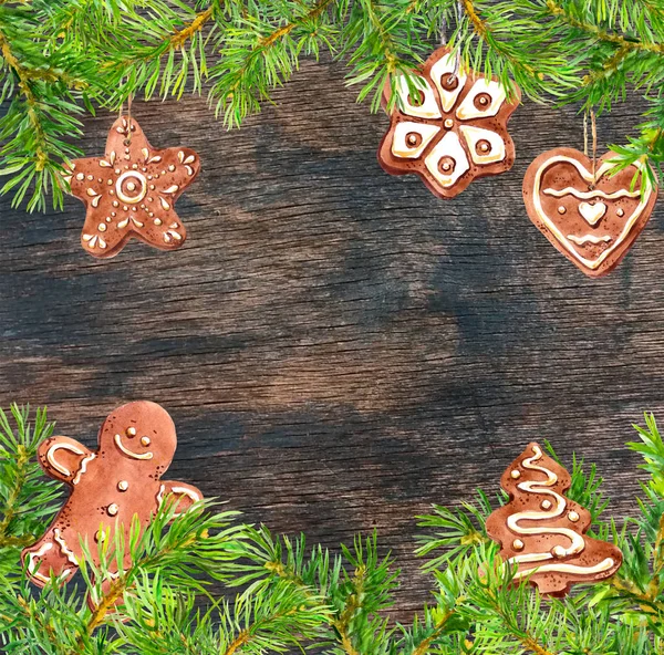 Ingwerplätzchen, Ingwermann, Christbaumzweige rahmen. Weihnachtskarte. Aquarell — Stockfoto