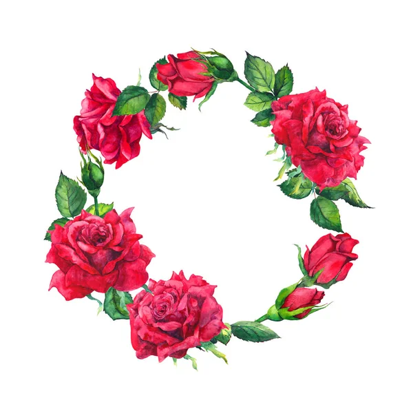 Kırmızı güller - çelenk. Suluboya ile gül çiçek tomurcukları Sevgililer günü için — Stok fotoğraf