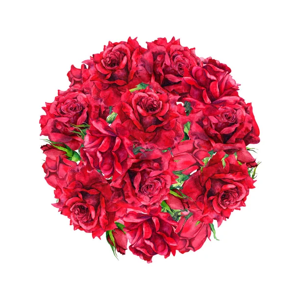 Červené květy růže - kruh složení. Akvarelu karta pro Valentýna — Stock fotografie
