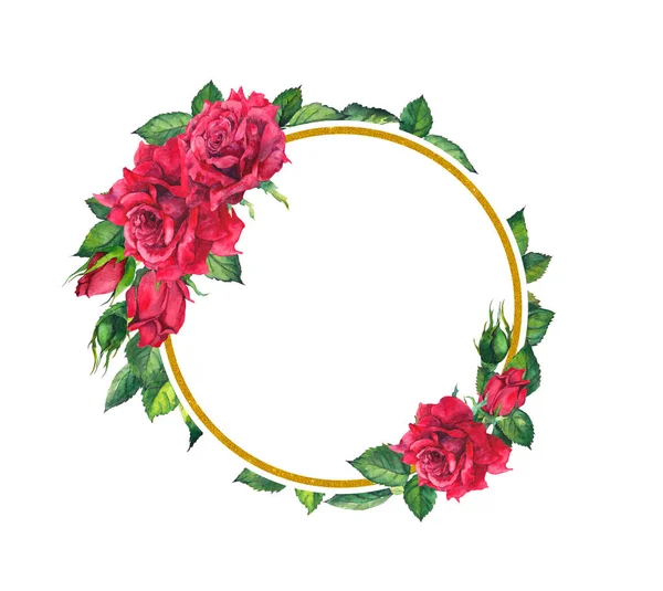 Rote Rosen, goldener runder Rahmen. Aquarell florale Karte mit Blumen — Stockfoto