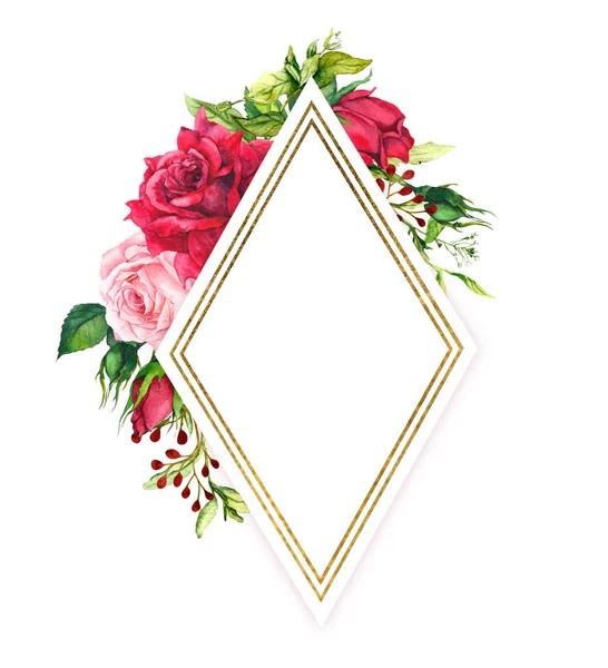 Rote und rosa Rosen mit Frühling grünen Rasen, goldenen Rand. Aquarell-Rahmen mit Blumen, Wiese Kräuter und gold — Stockfoto