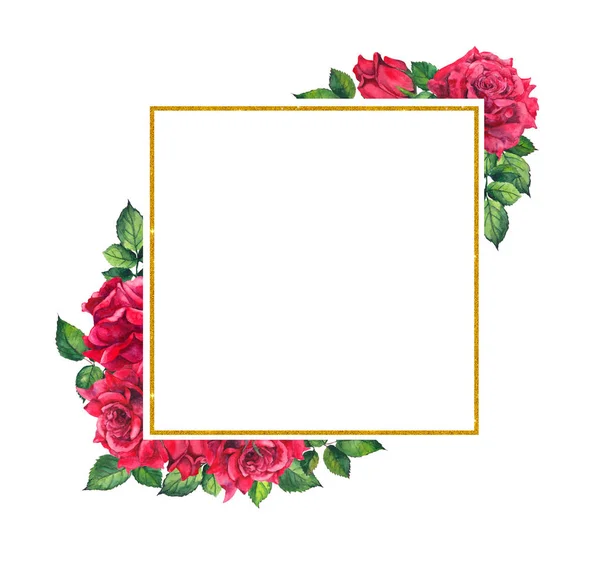 Rosas vermelhas, moldura dourada quadrada. Cartão de aquarela com flores e grinalda — Fotografia de Stock