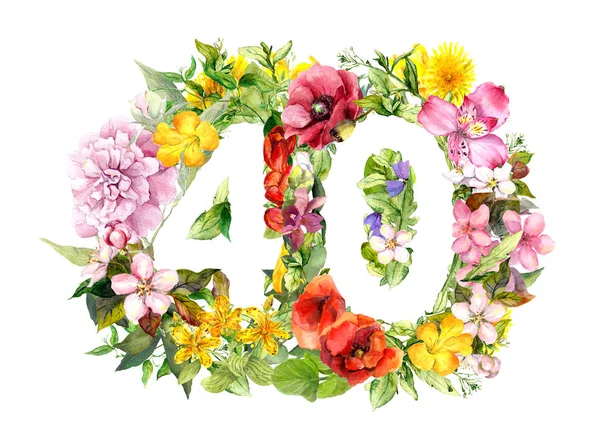 Virágos szám száma 40 negyven virágok. Akvarell, iskola — Stock Fotó
