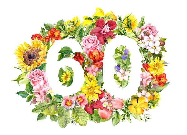 Virágos száma 60 hatvan nyári virágok. Akvarell — Stock Fotó