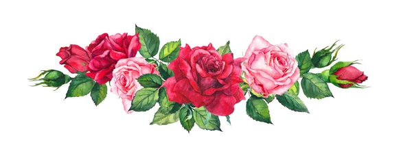 Rosa e rosas vermelhas. Flores de aquarela — Fotografia de Stock