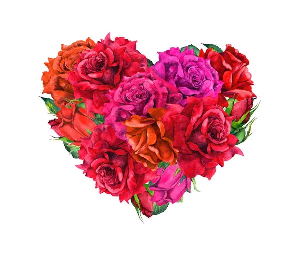 Květinové srdce s červenými květy růže. Akvarel na Valentýna — Stock fotografie