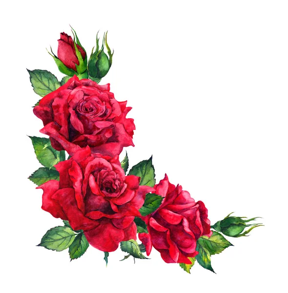 Rosas rojas - esquina composición floral. Acuarela para tarjeta de boda — Foto de Stock