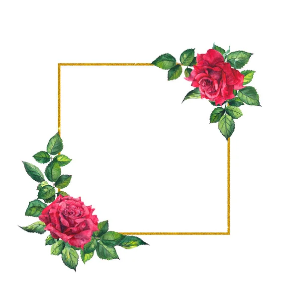 Rote Rosen, quadratischer goldener Rahmen. Aquarellkarte mit Blumen und Kranz — Stockfoto