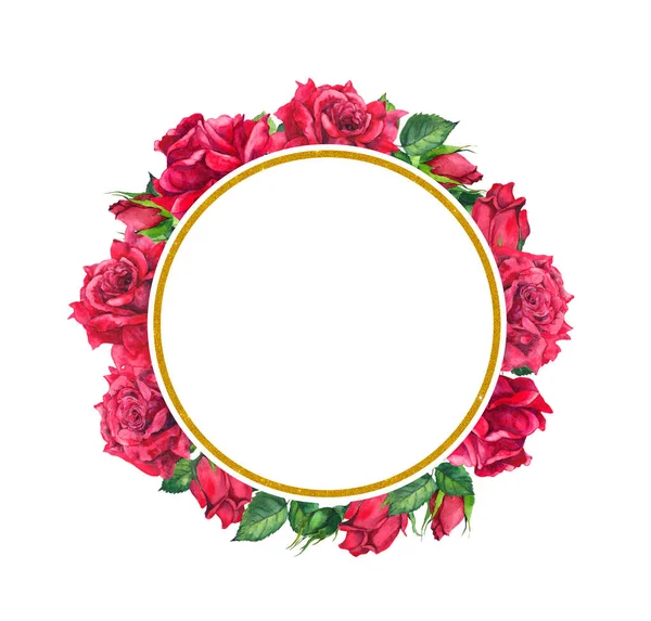 红玫瑰, 金色圆的边框。情人节用鲜花和黄金的水彩圆形框架 — 图库照片