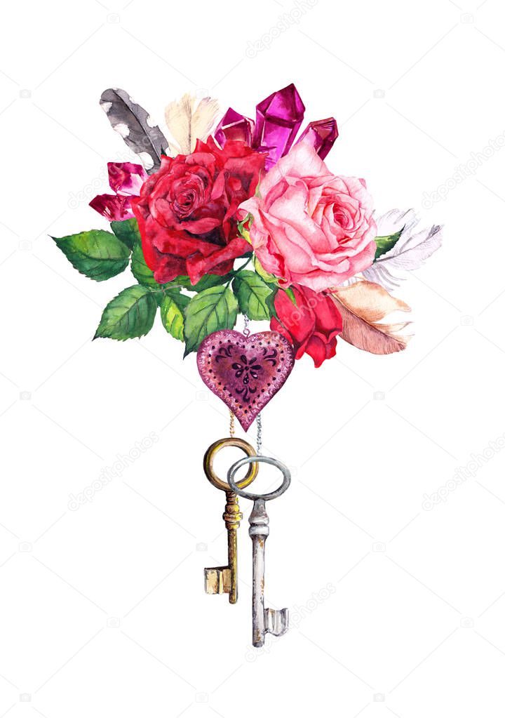 Red, pink roses with heart, two keys, feathers, crystal gemstone. Watercolor in boho style for Valentine day, wedding