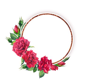 Kırmızı gül, altın sınır yuvarlak. Suluboya kağıdı ile çiçek ve çelenk