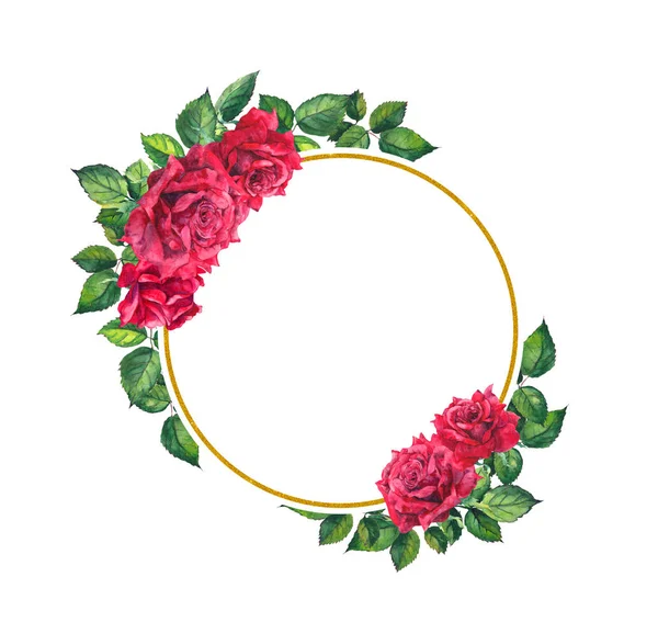 Rode rozen, gouden ronde kroon. Aquarel bloemen kaart voor Valentijn — Stockfoto