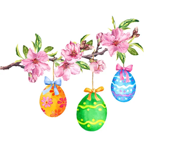 Oddział Wielkanoc - kolorowe jajka, kwiaty. Wiosną kwiatowy gałązka, akwarela — Zdjęcie stockowe