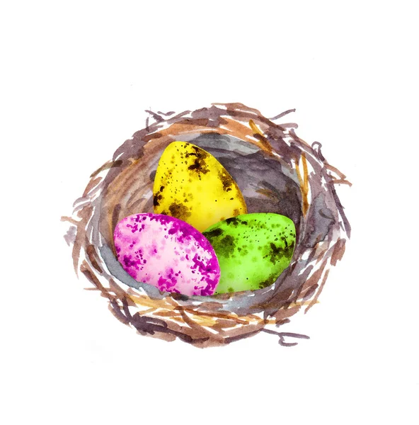 Nest with Easter colored eggs. Water color — Stock Photo, Image