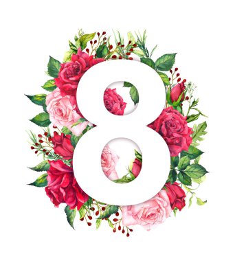 Kırmızı gül çiçekler, çiçek kartı için sekiz Mart 8. Suluboya