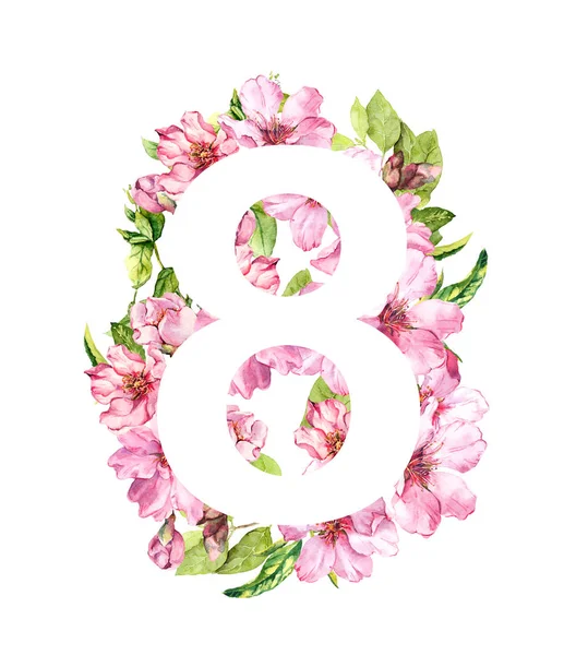 Tarjeta floral para el 8 de marzo. Flores de cerezo de primavera y flor rosa. Acuarela para el día femenino — Foto de Stock