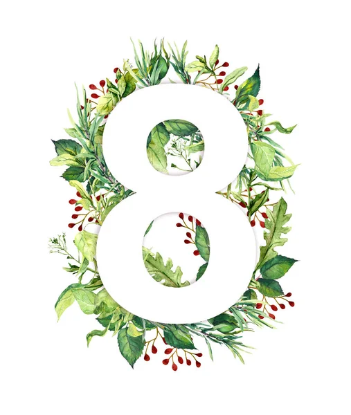 Osmi 8.března vyroben ze zelených listů, čerstvé trávy. Květinové karta pro ženský den. Přírodní akvarel — Stock fotografie