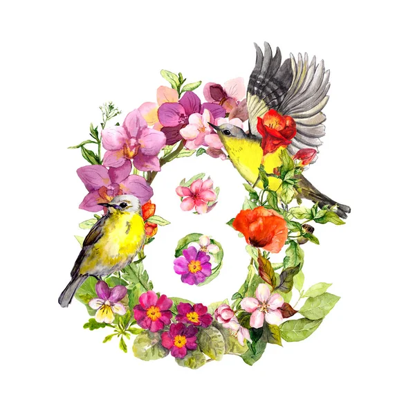 Квіти, птах. Квіткова листівка на жіночий день, 8 березня. Акварель — стокове фото