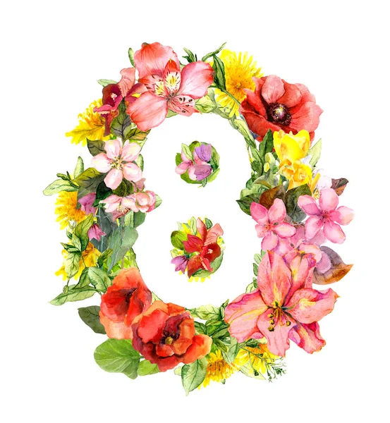 Flores - tarjeta floral para el 8 de marzo. Acuarela para día femenino — Foto de Stock