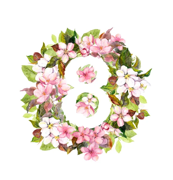Flores con número 8. Tarjeta floral para el Día de la Mujer, 8 de marzo. Acuarela flor de primavera — Foto de Stock
