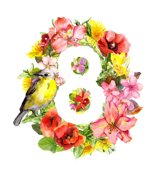 Flores, pájaro. Tarjeta floral para el 8 de marzo. Acuarela — Foto de Stock