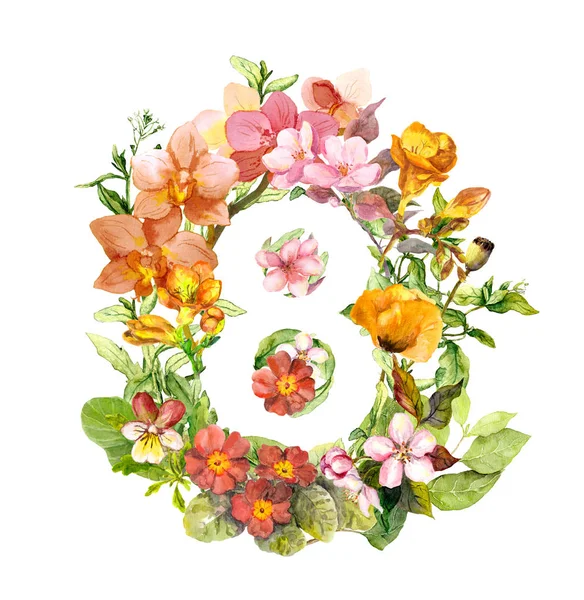 Blumen - Nummer 8. Blumenkarte für den Frauentag, 8. März Aquarell — Stockfoto