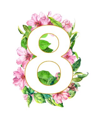 8 Mart - çiçek kartı. Bahar pembe çiçekler, kiraz çiçeği, yeşil yaprakları. Suluboya