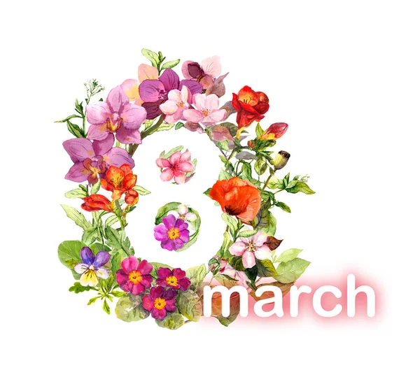 Tarjeta de felicitación floral para mujer día 8 de marzo. Acuarela pradera flores — Foto de Stock