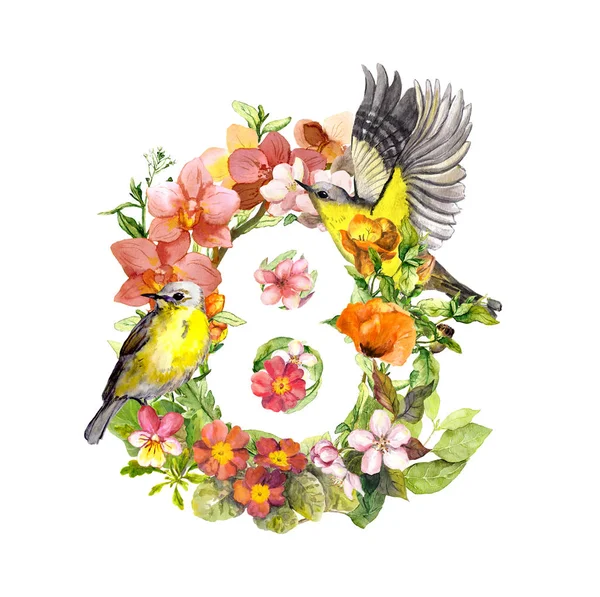 Blumen, Vögel. Florale Karte für 8. März Aquarell — Stockfoto