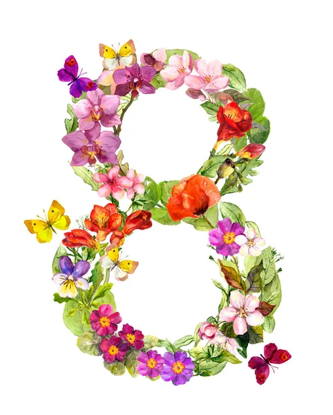 Kwiatowy karta kobieta dzień 8 marca. Akwarela kwiaty i motyle — Zdjęcie stockowe