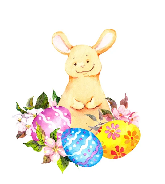 Söt liten kanin med påsk färgade ägg i vårblommor. Akvarell — Stockfoto
